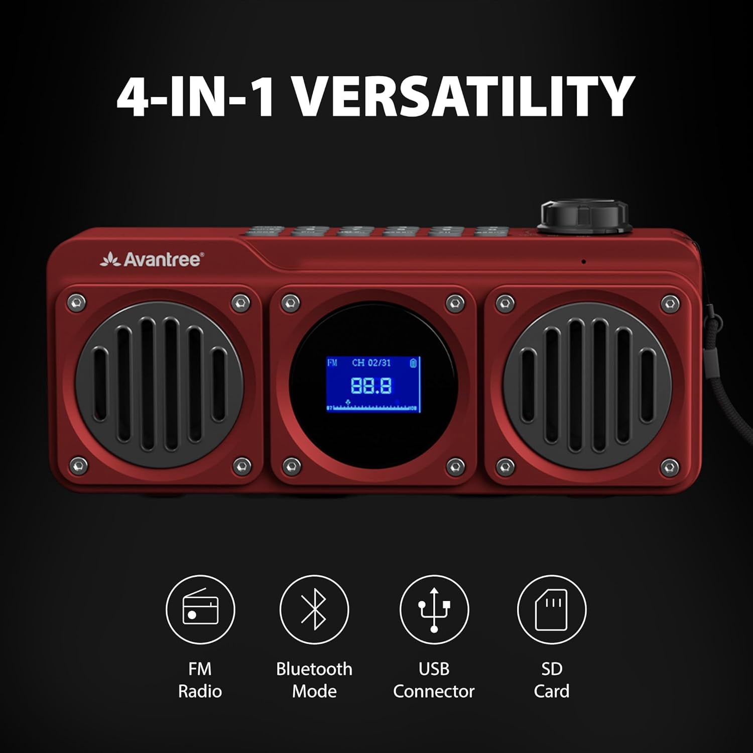 Avantree Boombyte - Portable Digital FM Radio with Bluetooth Speaker, Superb Sound, Metal Finish, MP3 Player, Support Micro SD Card & USB Audio Input, Long Play Time, Rechargeable, Easy to Use - Red