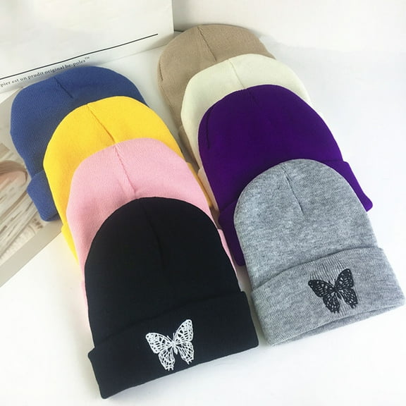 D-GROEE Knitted Winter Beanies Butterflies Embroidery Harajuku Style Acrylic Fiber Warm Skull Cap Cuff Watch Hat for Men or Women