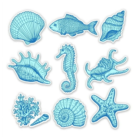 Ocean Elements Set Shell Sea Horse Seastar Fish - 2" Each Vinyl Stickers - For Car Laptop Water Bottle Phone - Waterproof Decals