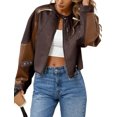 thumbnail image 2 of Womens Faux Leather Bomber Jackets Cropped Zip Up Color Block Fall Casual Moto Biker Coats, 2 of 7