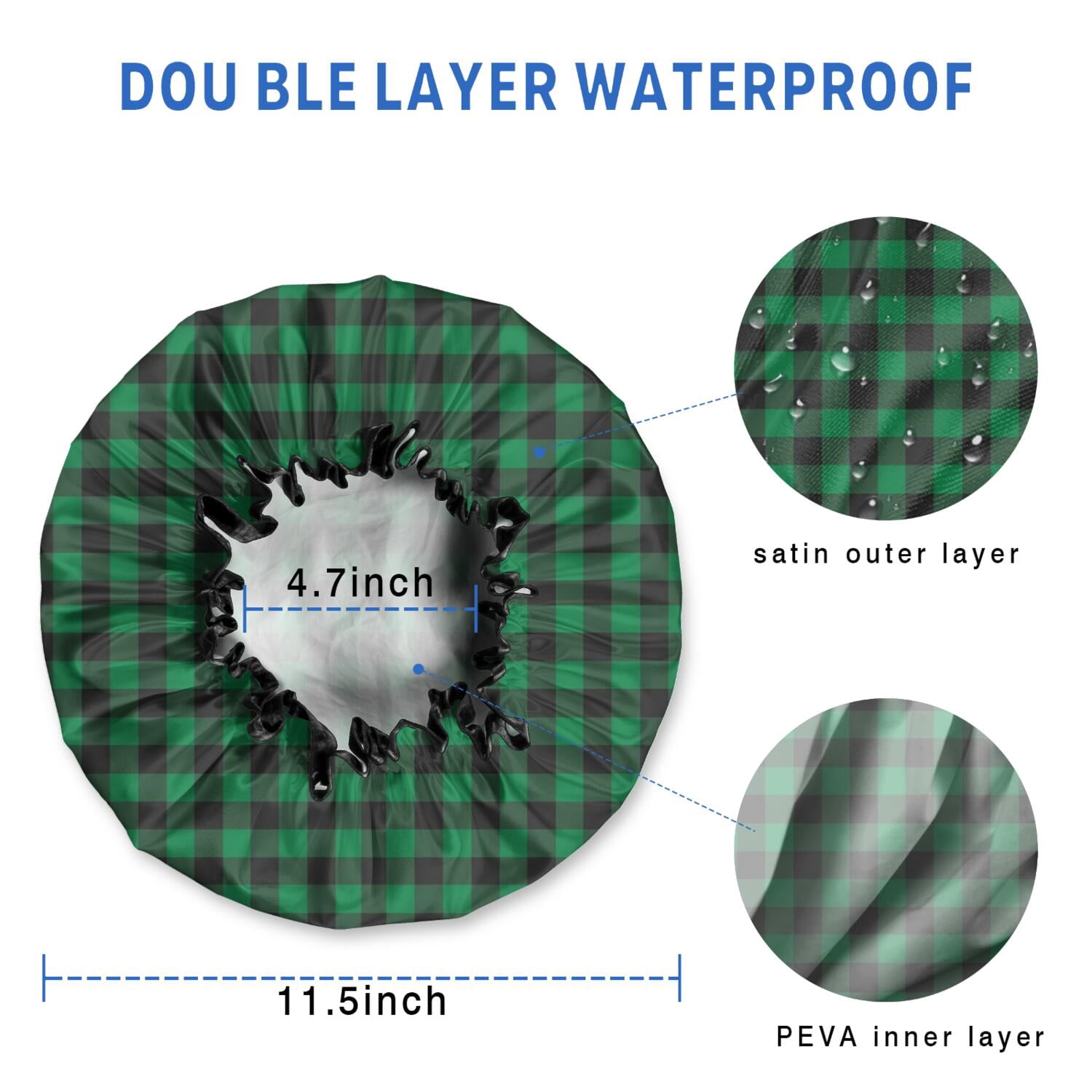 Shower Caps,Green Black Checkerboard Checkered Pattern Waterproof Shower Cap for Women 4 Pieces,Double Reusable Hair Cover for Shower PEVA Elastic Stretch Hem