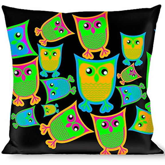 Buckle-Down Throw Pillow - Owls w Outline Black Multi Neon