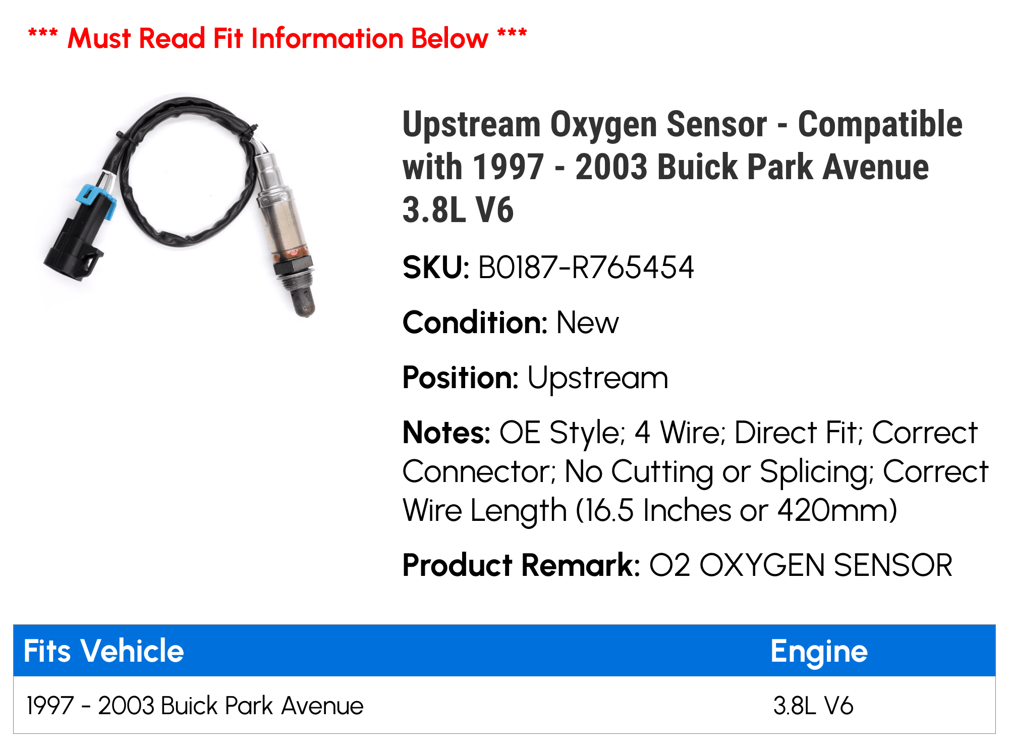 Upstream Oxygen Sensor - Compatible with 1997 - 2003 Buick Park Avenue 3.8L V6 1998 1999 2000 2001 2002