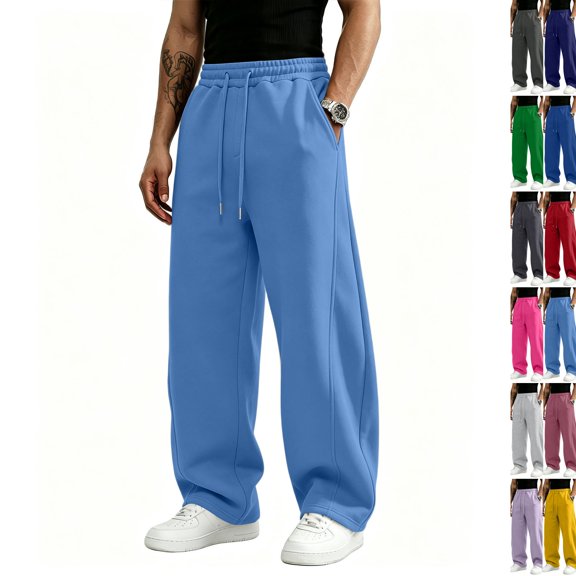 Men's Baggy Sweatpants Y2K Wide Leg Lounge Pants Drawstring Waist Loose Fit Cotton Jogging Sweat Pants with Pockets Sky Blue M