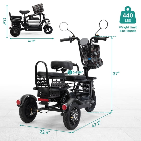 JAXPETY Folding Electric Tricycle, 3 Wheel Motorized Bicycle with 48V 400W Lithium Battery, for Men/Women/Kids, Perfect Spring Gift for Family, Black