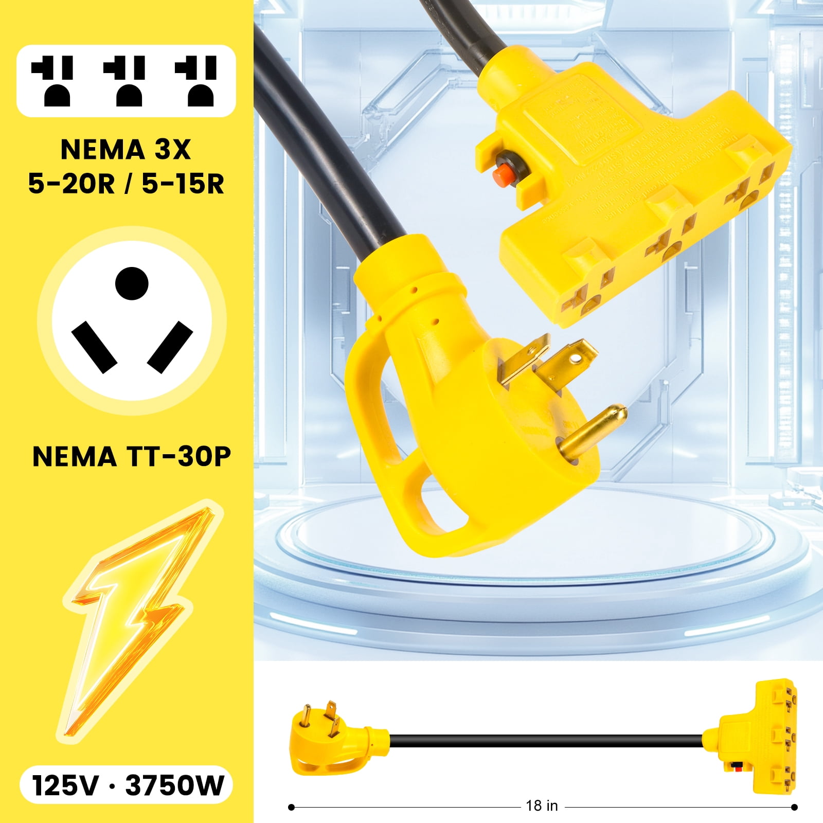 30 Amp to 110V RV Generator Distribution Adapter, 30 Amp to 15 Amp/20 Amp Adapter, NEMA TT-30P Male to 3x5-15R/20R Household Outlet Female, 1.5FT