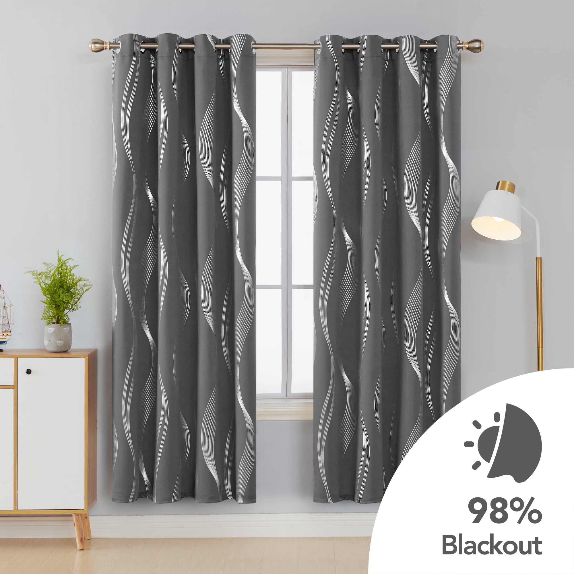 Window Treatment Silver Wave Line Foil Printed Blackout Curtains for Nursery 66 x 72 Inch Deconovo Eyelet Room Darkening Curtains 1 Pair Beige Width x Length
