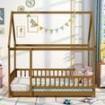 thumbnail image 3 of LLS Full Size Montessori Floor Bed Frame with Slats and Fence, Wooden House Bed for Boys Girls Bedroom, Light Espresso, 3 of 14