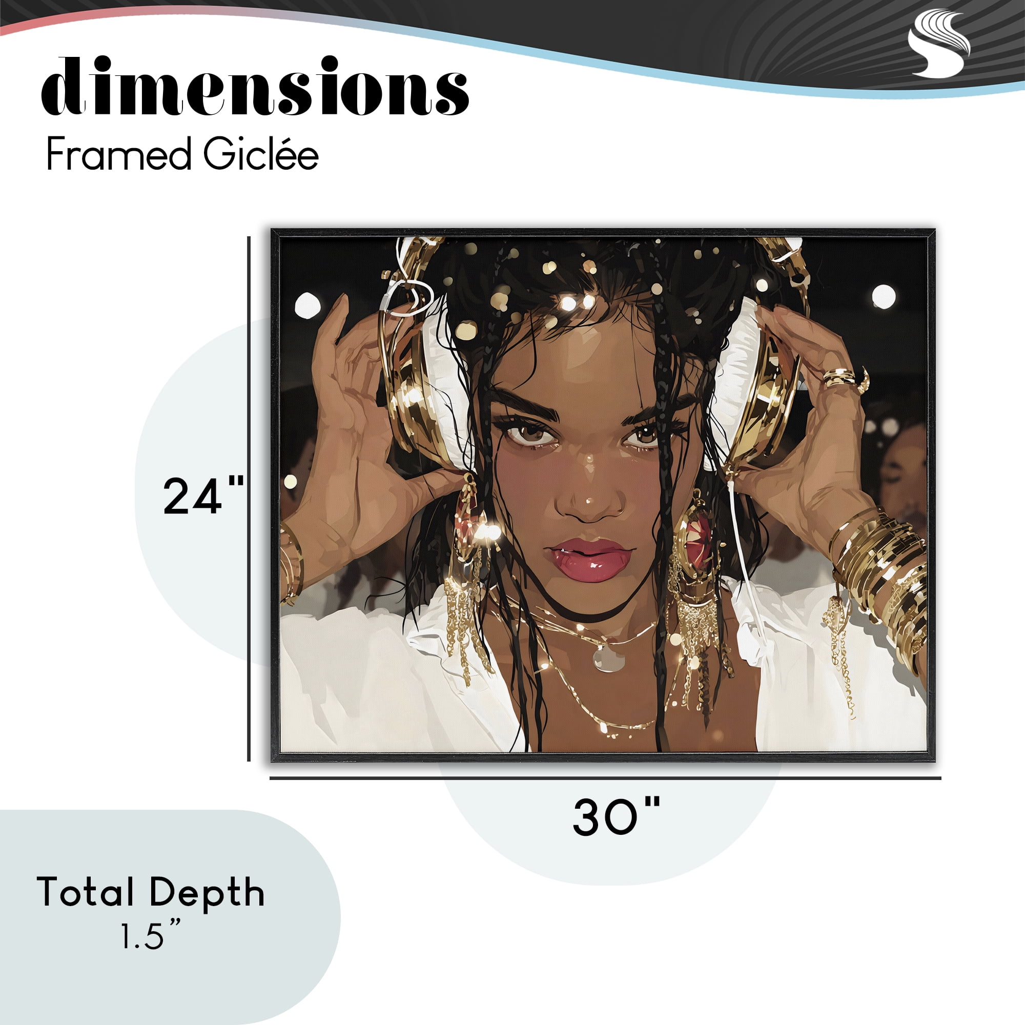 Stupell Industries Gold Headphones Glam Female Black Framed Giclee Art, design by Franklyn Gregory