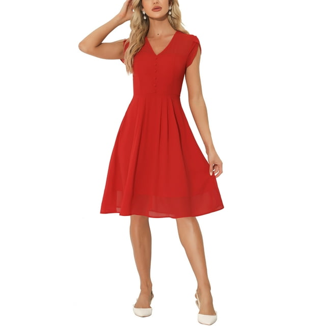 INSPIRE CHIC Robe Vintage en Mousseline pour Femme, Décor de Boutons, Manches Cap, Élégante Robe de Bureau, S Rouge