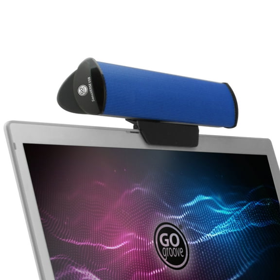 GOgroove USB Laptop Computer Speaker with Clip-On Portable Soundbar Design, Speaker Stand (Blue)