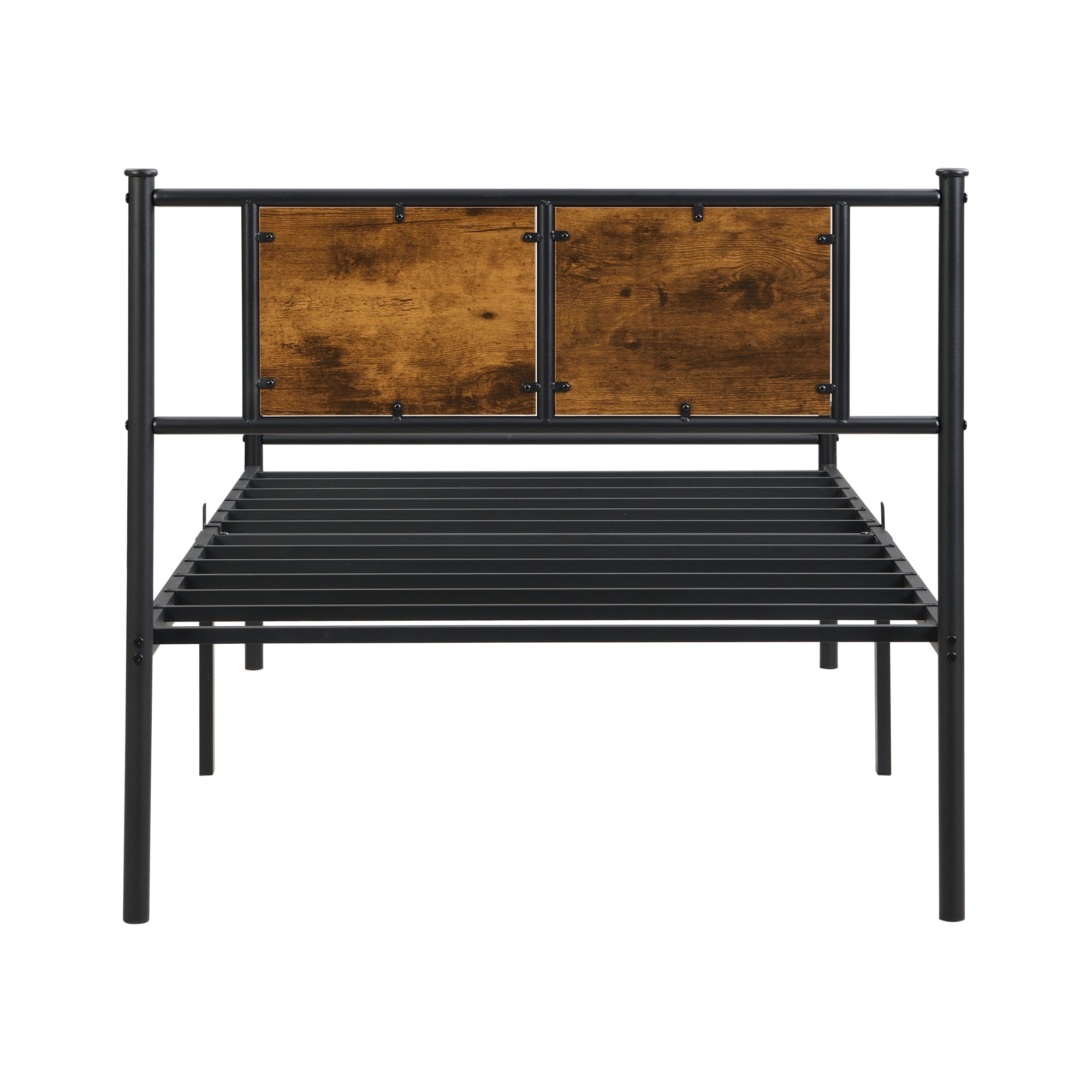 Leumius Twin Size Bed Frame, Industrial Metal Platform Bed with Wooden Headboard,Black+Brown