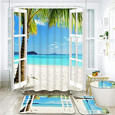 4 Pcs Beach Window Shower Curtain Set, Beach Window Curtains For Bathroom