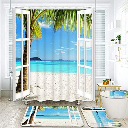 4 Pcs Beach Window Shower Curtain Set With Non Slip Rug Toilet Lid Cover And Bath 4 Pcs Beach Window Shower Curtain Set, Beach Window Curtains For Bathroom