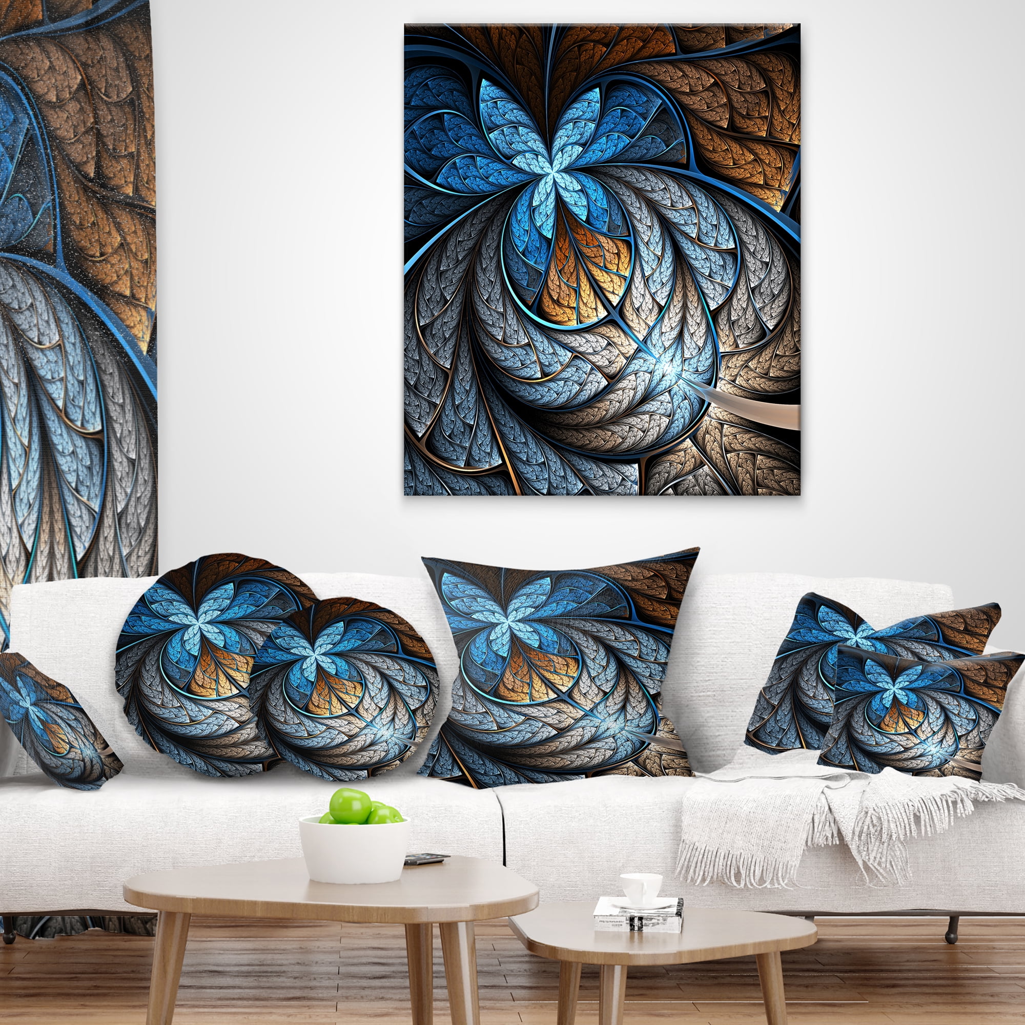 Designart Blue Brown Fractal Flower Pattern - Floral Throw Pillow - 12x20