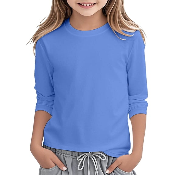 Yuncity Little Girls T-Shirts Solid Color Long Sleeve Crew Neck Lightweight Summer Classic Comfortable Outdoor Daily Wear Kids Tops Size 14-16 Years Blue