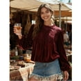thumbnail image 2 of PUWEI Women's Lace Trim Velvet Blouse Elegant Flared Long Sleeve Top Casual Crew Neck Blouse, 2 of 7