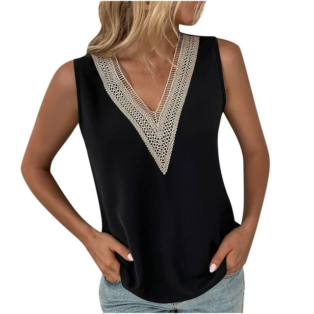 Camiseta Sin Mangas Para Mujer Camisetas Sin Mangas Moda Casual Color Sólido Cuello en V Encaje Costura Chaleco Y Tops Odeerbi ODB168891