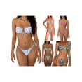 thumbnail image 4 of Yunliwuli Women 2 Pieces Bikini Swimsuits Floral Print/Solid Color Tie-Up Halter Neck Padded Bra Thong Bottoms Beach Bathing Suit Set, 4 of 10