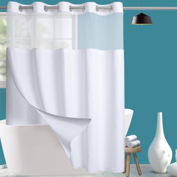 Conbo Mio Fabric Waffle Weave Hotel Shower Curtain with Snap in Liner for Bathroom Waterproof Machine Washable Shower Curtain (Waffle-White, 71" W x
