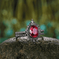 thumbnail image 2 of Oval cut Red Ruby & Black Diamond Wedding Ring Set in 14k Black Gold Vermeil - Gothic Halo Engagement Ring Set - July Birthstone, 2 of 6