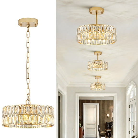 Small Gold Crystal Chandeliers, Modern Semi Flush Mount Chandelier 4-Light Drum Crystal Ceiling Pendant Light Fixture 12” for Foyer Entryway Kitchen Hallway Dining Room