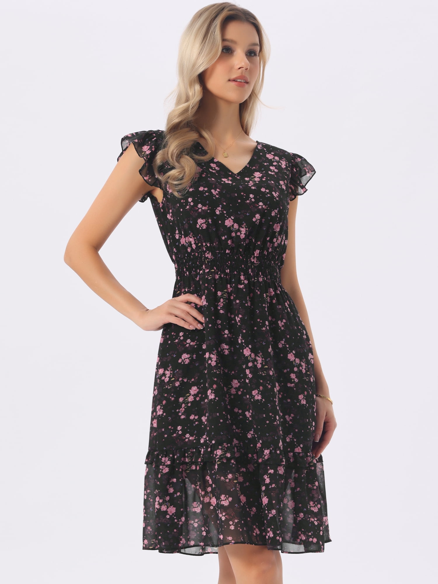 DARING DIVA Women's Floral Summer V Neck Flutter Sleeve Ruffle Dress M Black Pink Flower