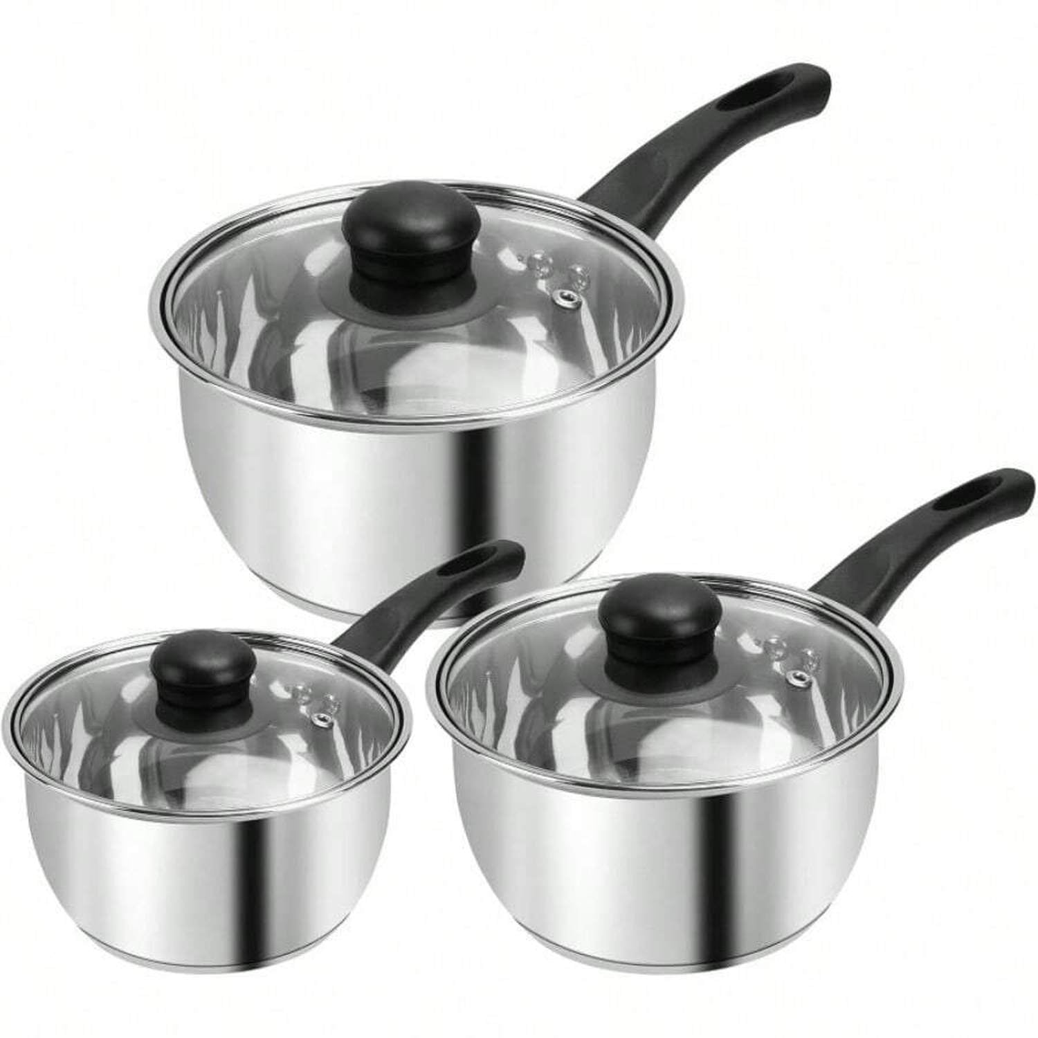 odorsTT Stainless Steel Pot Set 3 Pcs Triply Bottom Sauce Pan with Lid 1QT 2QT 3QT Kitchen Cooking Cookware Set