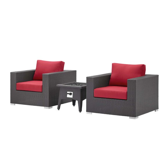 Contemporary Modern Urban Designer Outdoor Patio Balcony Garden Furniture Lounge Chair and Table Fire Pit Set, Fabric Rattan Wicker, Red