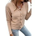 thumbnail image 2 of hirigin Women Crochet Cardigan, Solid Color Long Sleeve V-neck Button-down Flouncy Sweater, Khaki/ White/ Green, 2 of 9