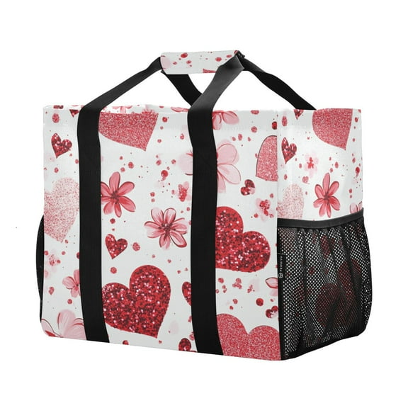 YAZAOO Mesh Beach Bags Totes Foldable Multiple Pockets Creatively Sparkle Hearts Printed