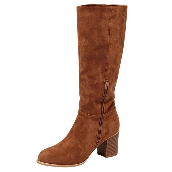 hopeusnice Round Toe Side Zipper Chunky Heel Knee High Boots Women Suede Dress Boots for Work Brown 36