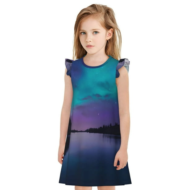 Fotbe Night At Lake Aurora Vestido de Dormir para Niñas de 3 a 10 Años, Mangas Cortas, Estilo Princesa, Pijama Camisón con Mangas Voladas-Large