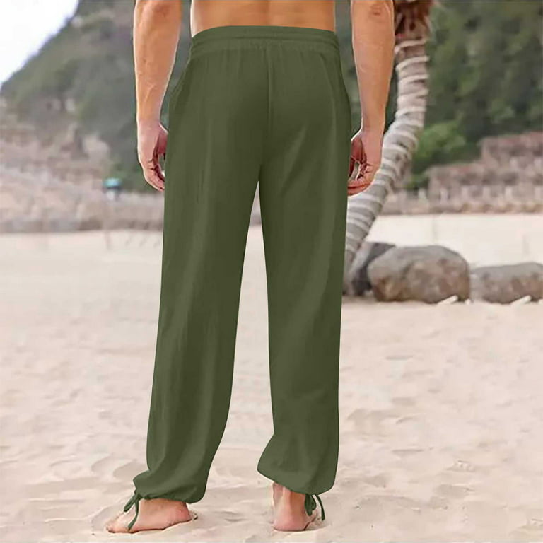 Mens Linen Cargo Pants Lightweight Elastic Waist Drawstring Casual Loose  Summer Beach Yoga Pants with Pockets Army Green XL