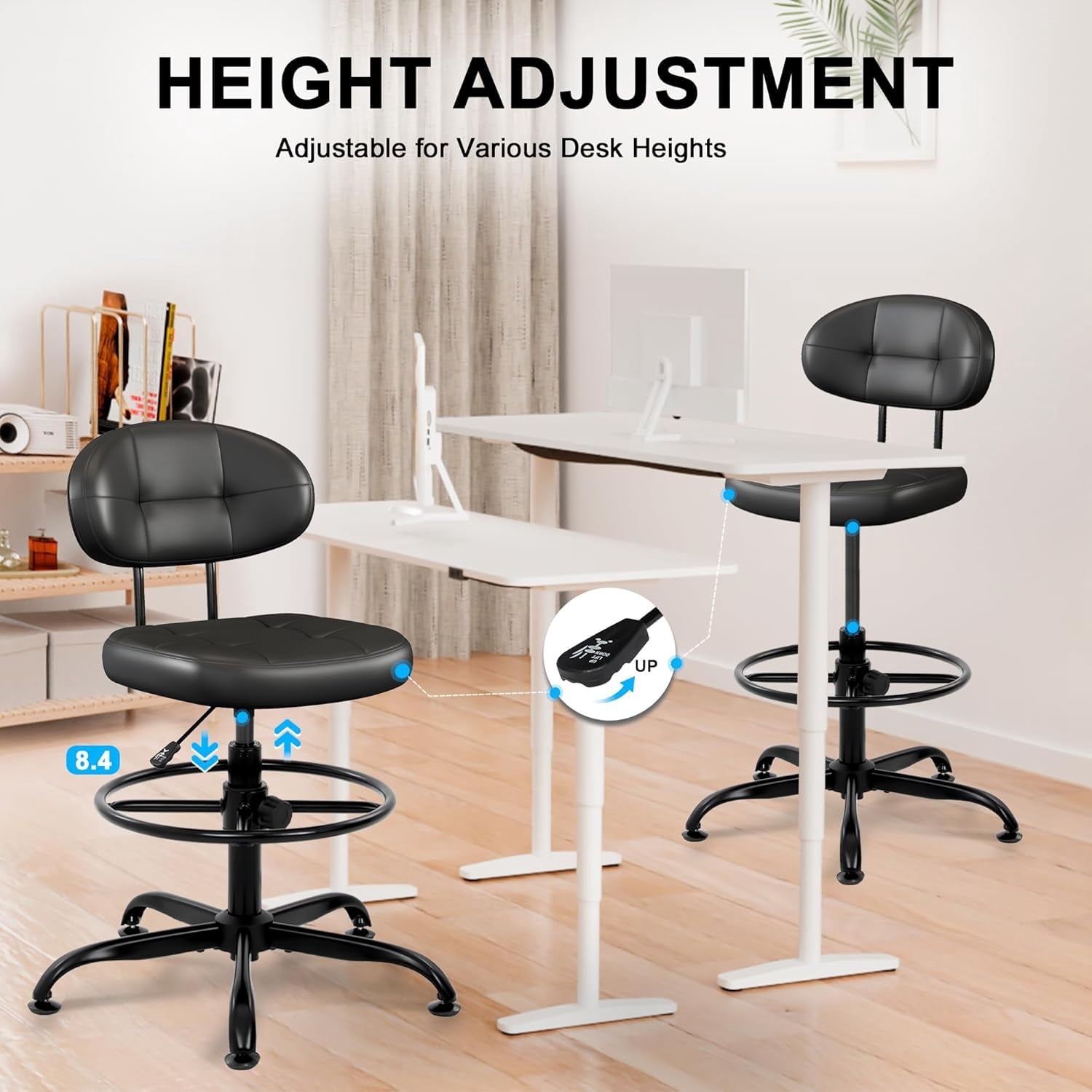 Armless Drafting Chair, Tall Office Chair no Wheels with Footrest Ring for Standing Desk, Small Faux Leather Executive Vanity Chair with Adjustable Height for Bar Counter Desk Black