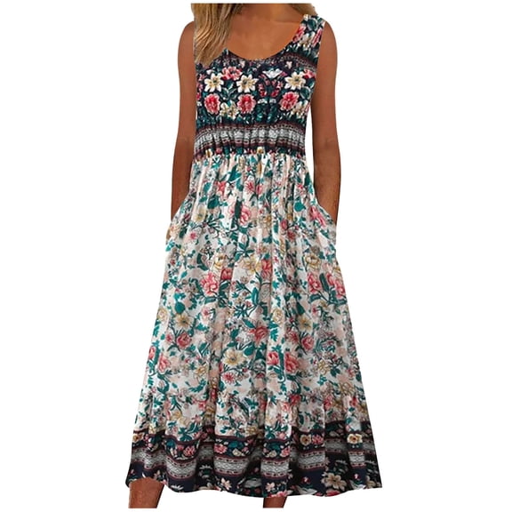 Alkepwun Long Dresses for Women Boho Vintage Floral Sleeveless Crew Neck Elastic Waistband Pockets Tank Midi Dress Casual Loose Tiered A Line Beach Sundress