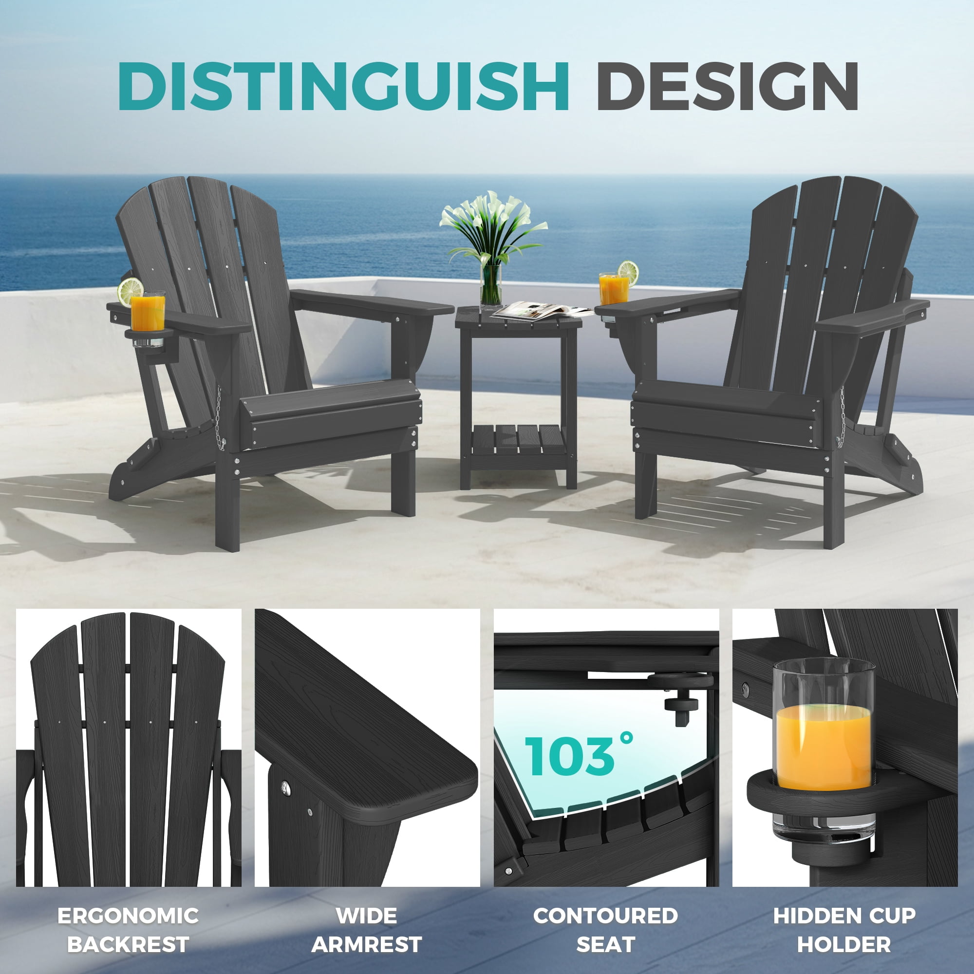 Folding Adirondack Chair, Heavy Duty HDPE Plastic Fire Pit Patio Chair, Black