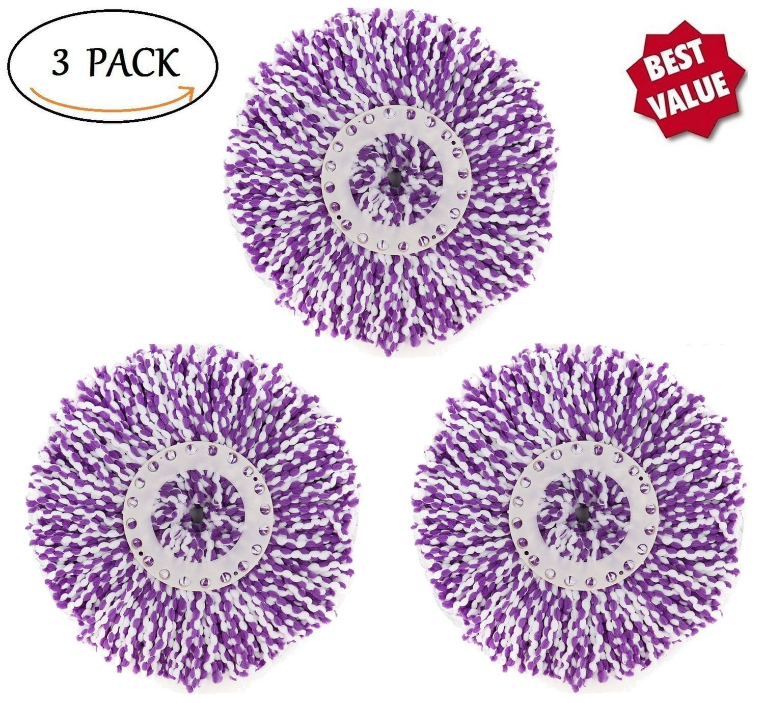 3 Pack Spin Mop Replacement Heads for 360° 6.3 Inch Diameter Microfiber Mop Head Replacement Refills Round Shape Standard Size Including 1 Dishcloth 