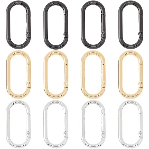 Hobbspring 12Pcs 3 Colors Oval Carabiner Snap Clip Alloy Rings Snap Clips Metal Snap Open Hooks Clips Spring Key Ring for Bag Keychain Pet Collar Lanyard Outdoor Camping Hiking