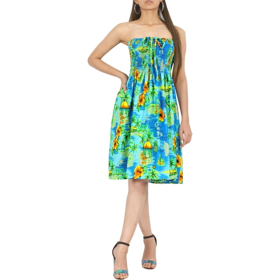 HAPPY BAY Women's Summer Boho Beach Backless Smocked Mini Swing Dress Tube Top Strapless Dresses for Women One Size Teal, Island