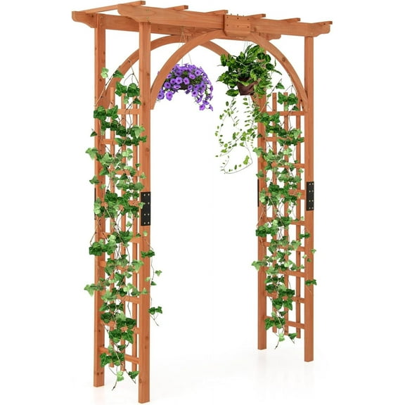 PetFurnishn Wood Garden Arbor, 84 Inch Outdoor Archway Pergola w/Decorative Hanging Roof & Side Climbing Trellis, Garden Arch for Climbing Plants, Wedding Ceremony Decoration, Lawn, Party