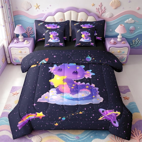 Manfei Colorful Axolotl 7-Piece Twin Bedding,Kawaii Animal Bedding Comforter Set,Black Reversible