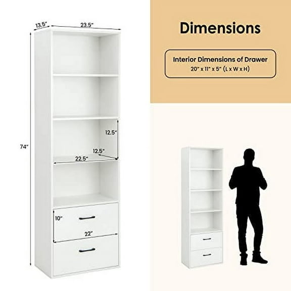 LOKO 74 Inches Tall Bookcase, 6-Tier Modern Tall Storage Cabinet with 2 Drawers & 4 Open Shelves, Freestanding Wooden Bookshelf with Anti-toppling Devices for Living Room, Study, Home Office (White)