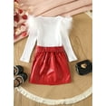 thumbnail image 3 of Suealasg Kids Girls Spring Skirt Set 2T 3T 4T 5T 6T 7T Little Girls Long Sleeve Feather Ribbed Knit Tops PU Leather Skirt Set 2 Piece Casual Autumn Clothing for Child Girls, 3 of 9