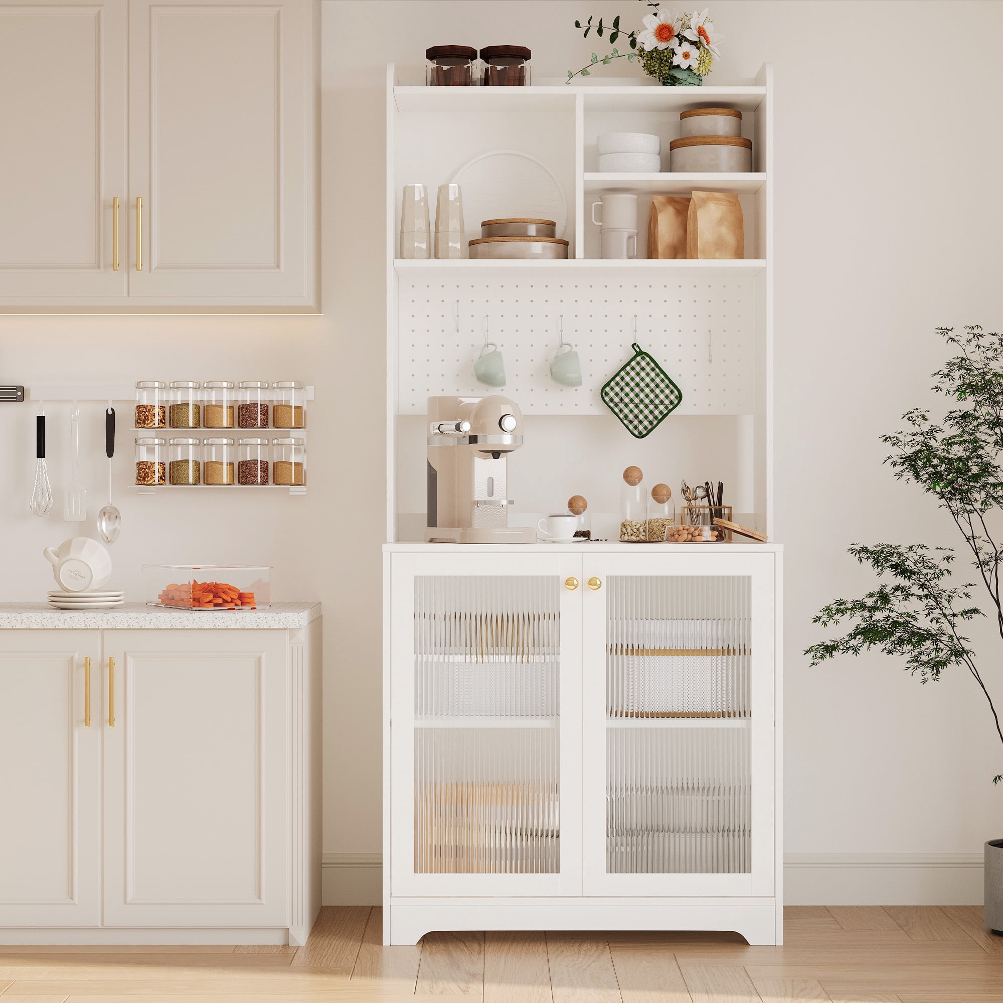 AOILE Tall Pantry Cabinet with Glass Doors & Shelves, Freestanding Kitchen Storage Organizer for Dining or Living Room