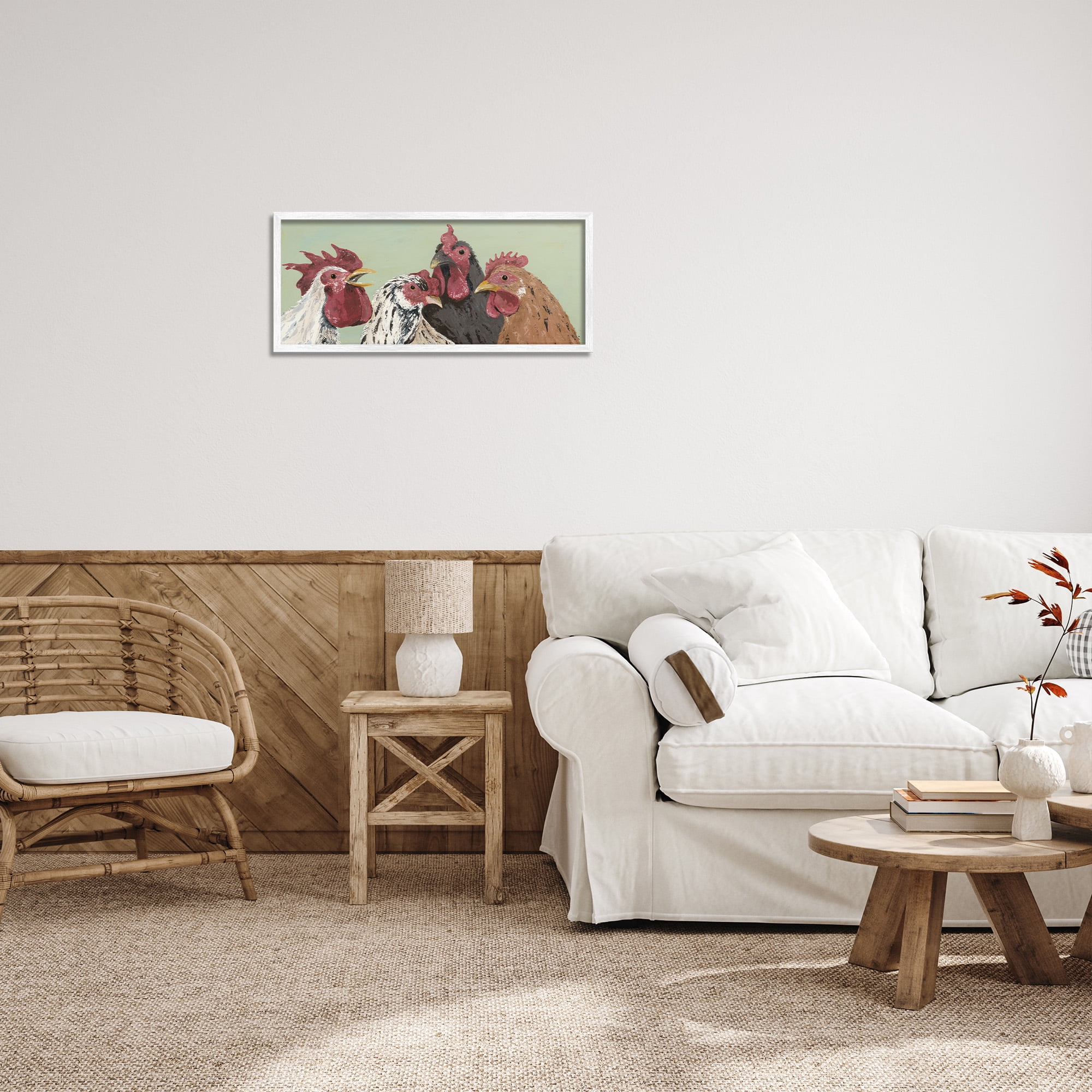 Stupell Industries Four Roosters over Green Animals & Insects Painting White Framed Art Print Wall Art, 24 x 10