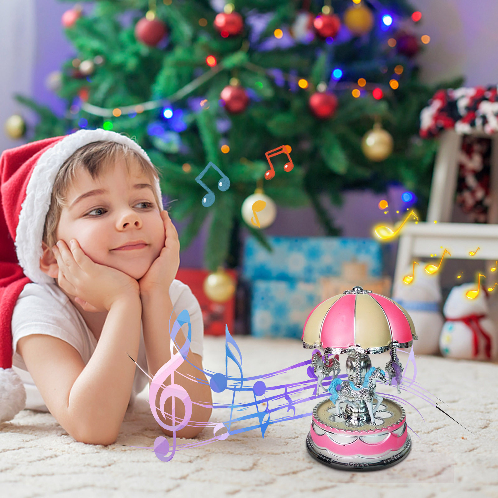 Mefallenssiah Music Box with Led Light Carousel Horse Music Box Round