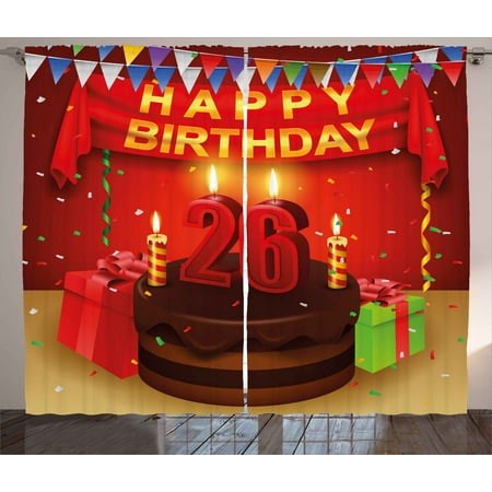26th Birthday Curtains 2 Panels Set, Chocolate Cake with Candles and Ribbons Surprise Event Best Wishes Image, Window Drapes for Living Room Bedroom, 108W X 96L Inches, Multicolor, by
