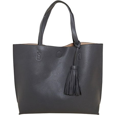 Large Vegan Leather Tote Bag Reversible Shoulder Handbag Tassel Purse Charcoal Grey Tan Gray Beige Light Brown