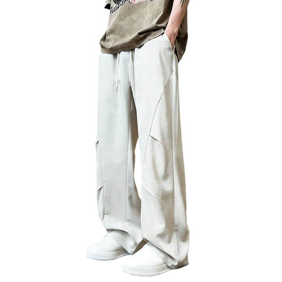 hlysgo Causal Pants for Men Wide Straight Leg Elastic Drawstring Waist Trousers Breathable Lightweight Summer Vacation Pant with Pockets Beige,4xL